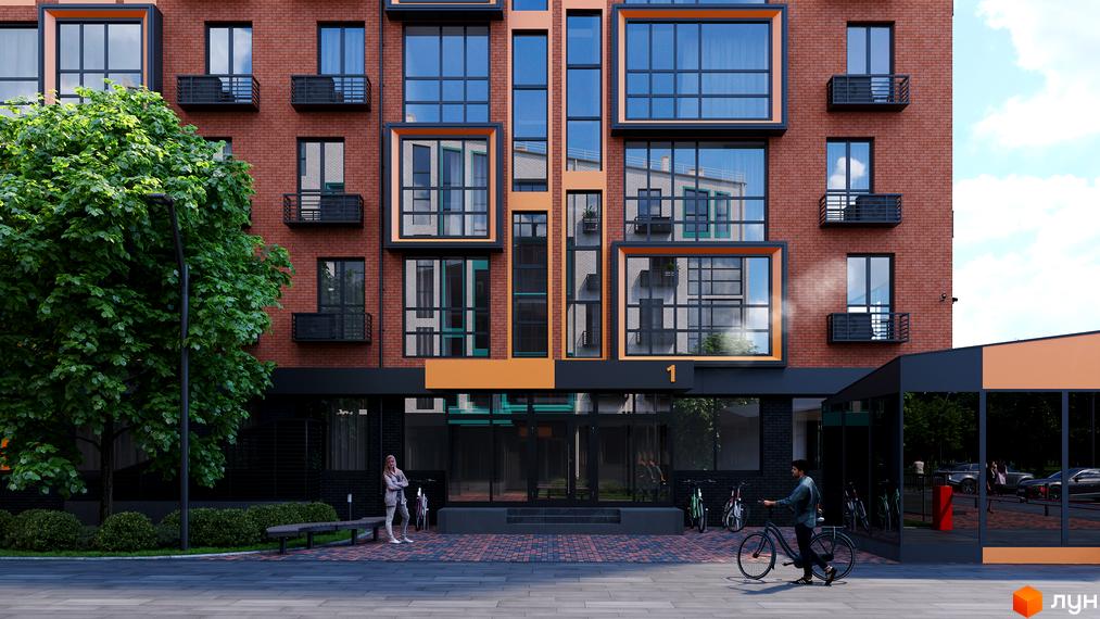 Будинок ЖК Verba з цегляним фасадом та великими вікнами. На прибудинковій території є дерева, лавка та велосипед.