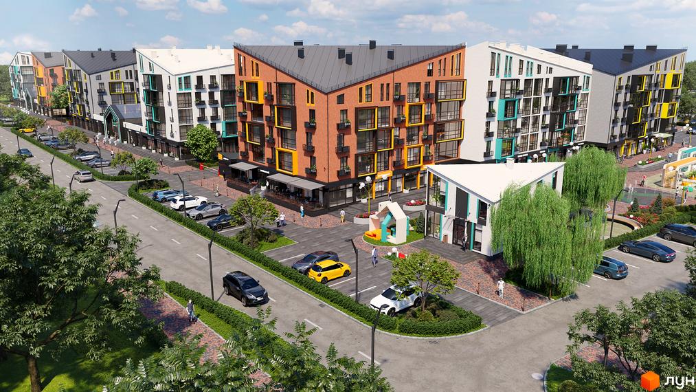 Житловий комплекс Verba: фасади будівель з різнокольоровими елементами та прибудинкова територія з парковкою та зеленими зонами.