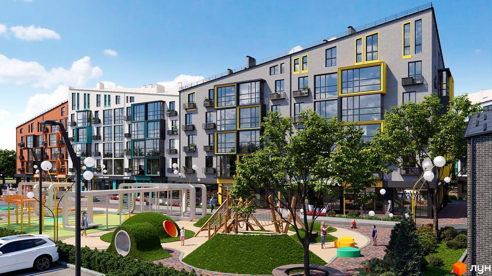Житловий комплекс Verba: фасади будинків з цегли та великими вікнами, дитячий майданчик з зеленими пагорбами та ігровими елементами.
