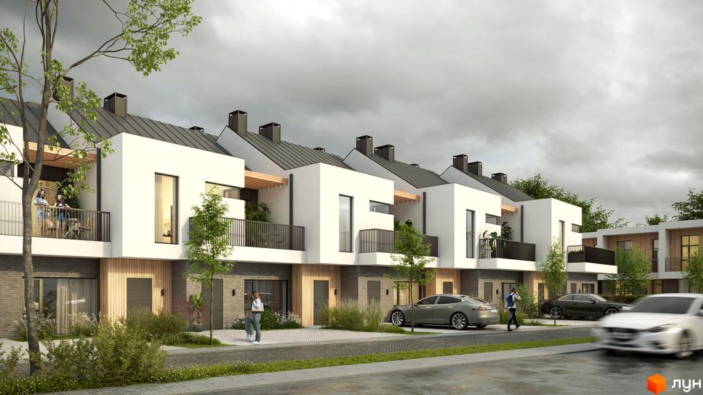 Котеджне містечко КМ City House: фасади будинків з великими вікнами та балконами, прибудинкова територія з доглянутими зеленими насадженнями та автомобілями.