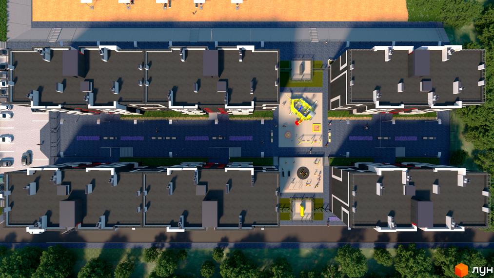 Вид зверху на житловий комплекс Рідний-2 з сучасними будинками та доглянутою прибудинковою територією з дитячими майданчиками.