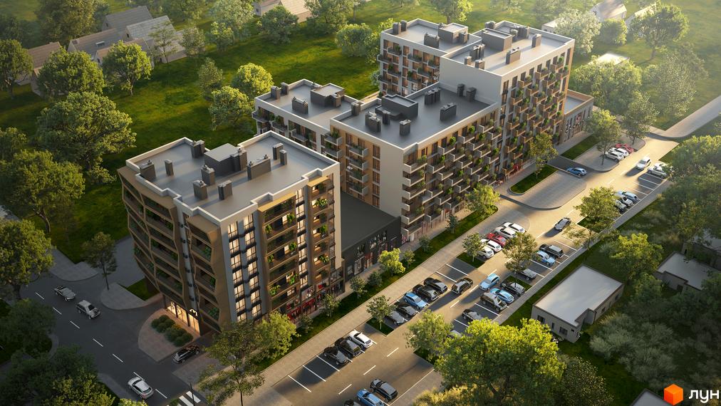 Зовнішній вигляд житлового комплексу AUROOM SPARK з парковкою та зеленими зонами. Сучасна архітектура та упорядкована територія.