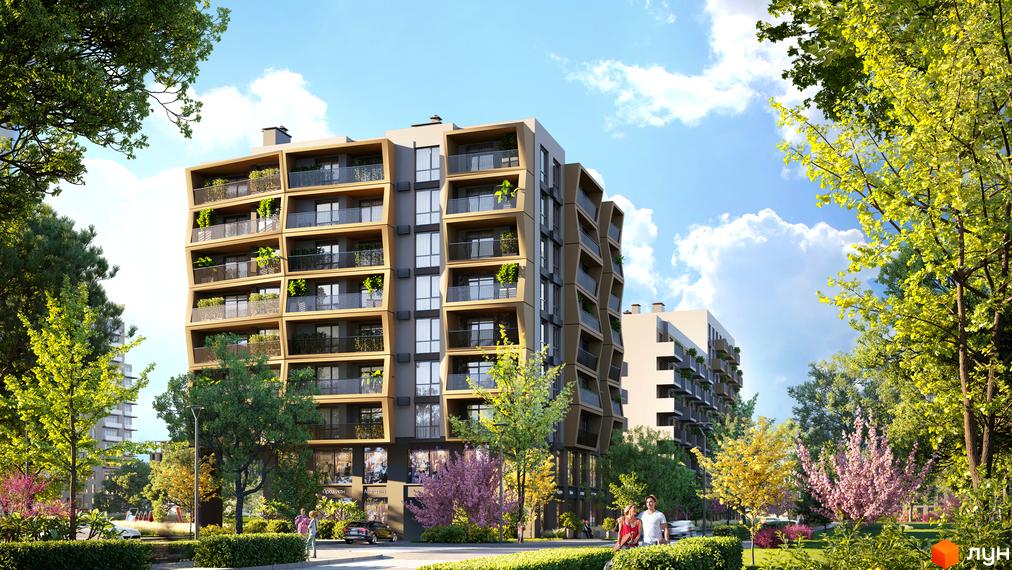 Зовнішній вигляд житлового комплексу AUROOM SPARK з балконами та зеленими насадженнями, оточений деревами та квітучими рослинами.