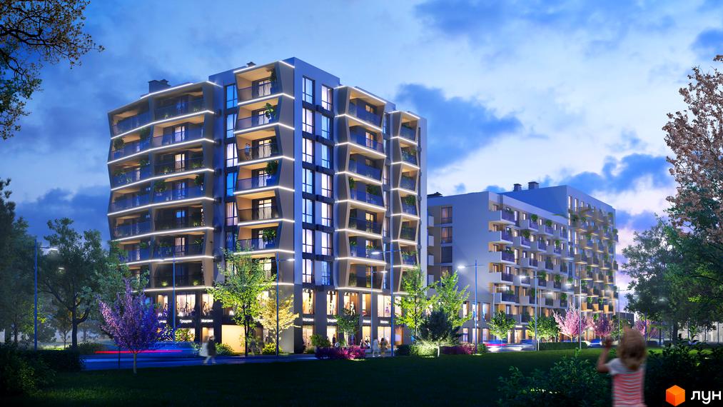 Житловий комплекс AUROOM SPARK з балконами, підсвіченими гірляндами, та зеленими деревами біля будівель. Зовнішній вигляд новобудови ввечері.