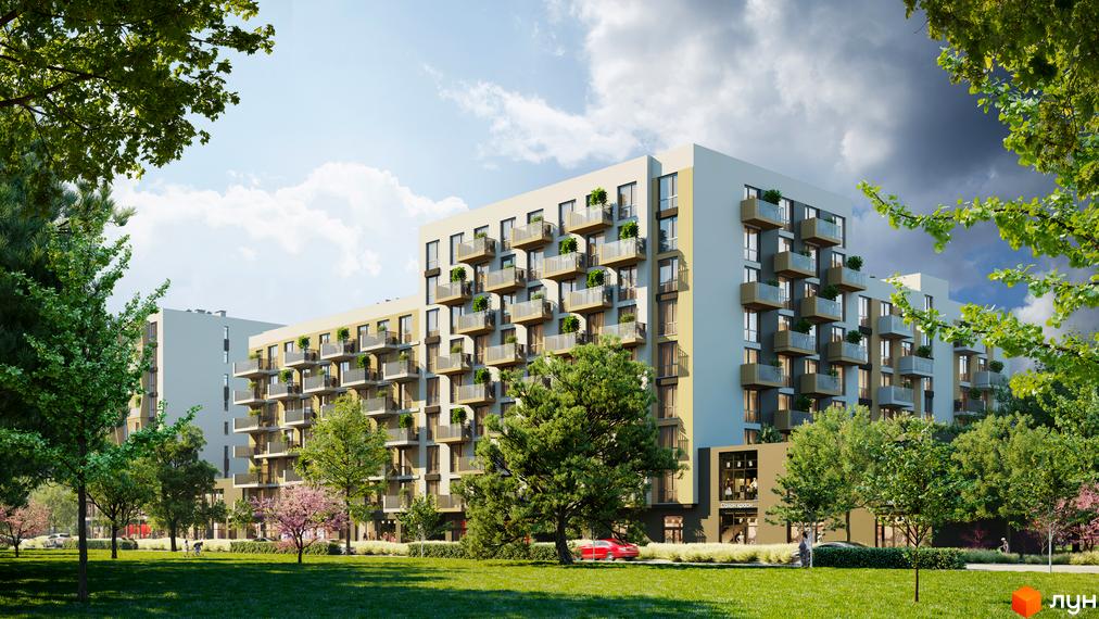 Житловий комплекс AUROOM SPARK з фасадами світлих тонів та численними балконами, оточений зеленою прибудинковою територією з деревами та газонами.