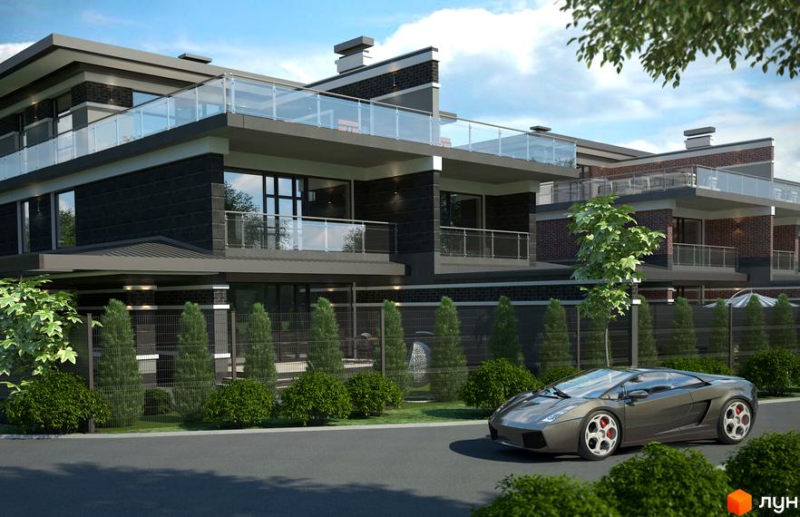 Сучасні дуплекси Posh House з панорамними вікнами та скляними балконами, прибудинкова територія з доглянутими кущами та спортивним автомобілем.