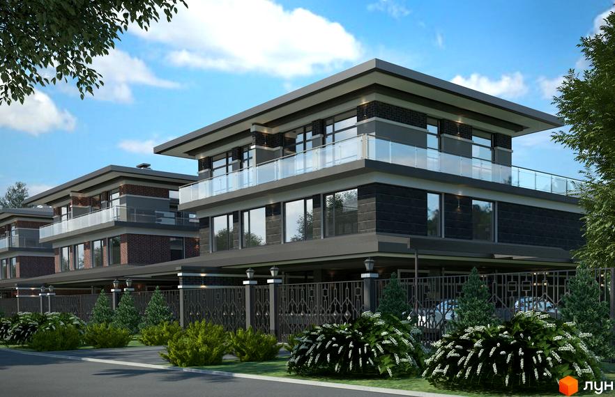 Сучасні дуплекси Posh House з цегляним фасадом та скляними балконами. Перед будинками розташований доглянутий двір з кущами та деревами.