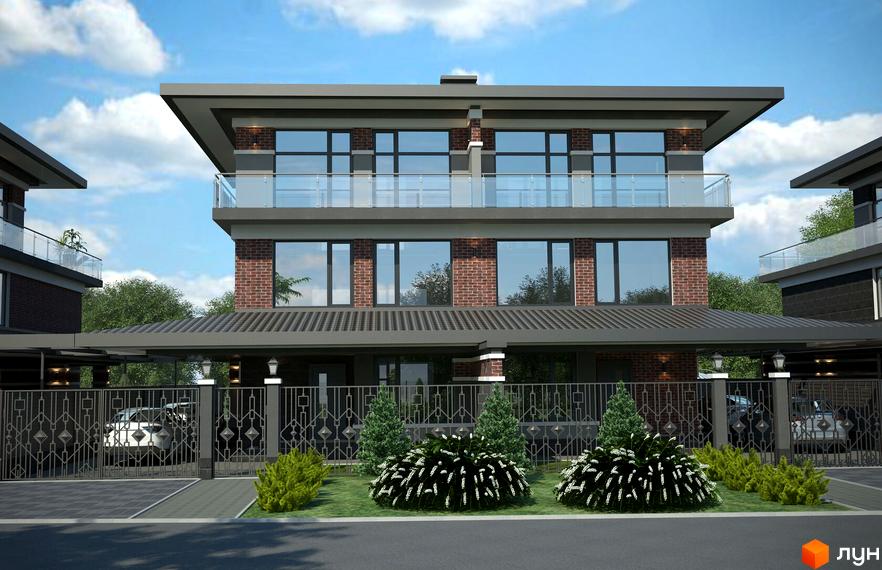 Сучасні дуплекси Posh House з цегляним фасадом, скляними балконами та доглянутою прибудинковою територією з парканом та зеленими насадженнями.