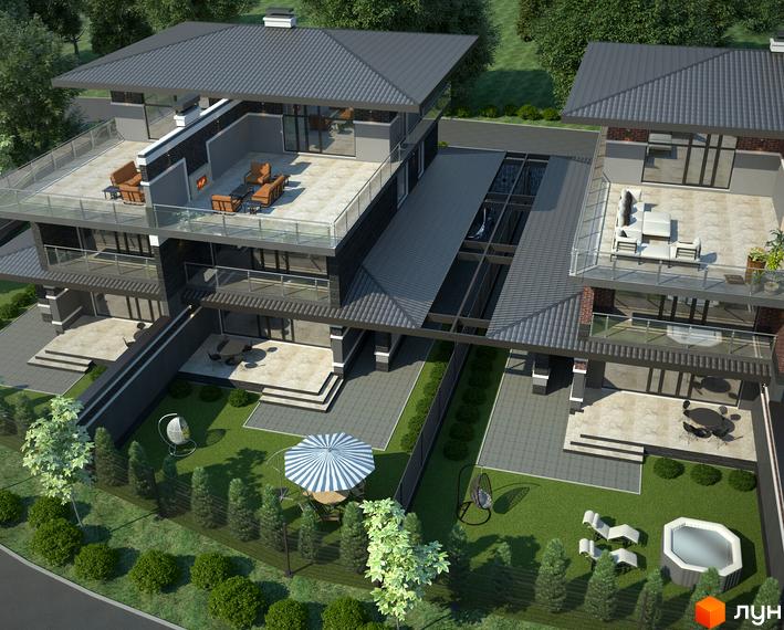 Зовнішній вигляд дуплексів Posh House з терасами та прибудинковою територією з басейном та зоною відпочинку.