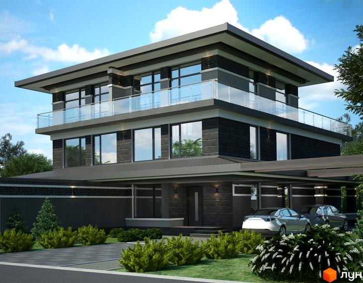 Сучасний двоповерховий будинок Posh House з великими вікнами та скляною огорожею балкона. Прибудинкова територія з доглянутими кущами та паркуванням для автомобілів.