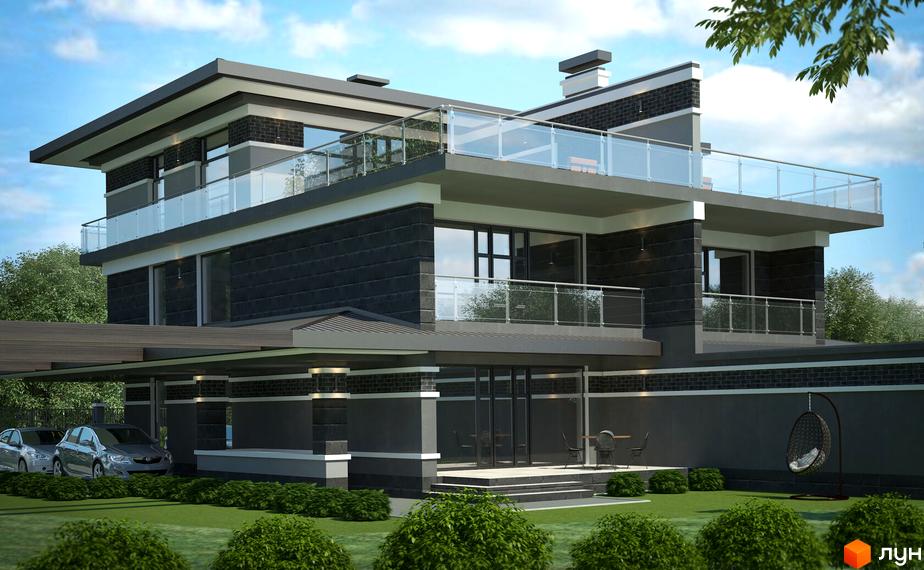 Сучасний двоповерховий будинок Posh House з великими вікнами та скляними балконами. На прибудинковій території розташовані зелені газони, кущі та парковка для автомобілів.