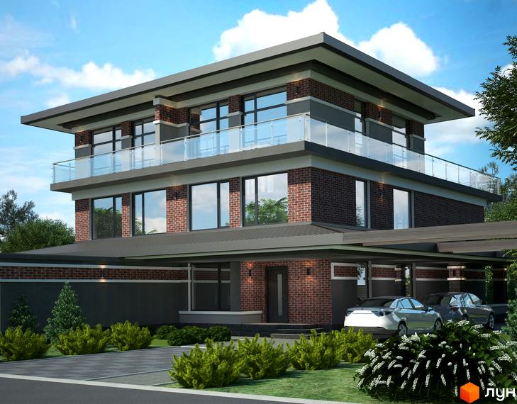 Сучасний двоповерховий дуплекс Posh House з цегляним фасадом та скляним балконом, розташований на доглянутій прибудинковій території з автомобілями.