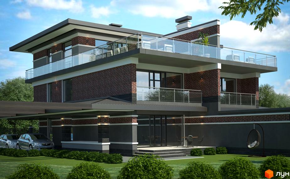 Сучасний двоповерховий будинок з цегляним фасадом, балконами та доглянутою прибудинковою територією з газоном та автомобілями.