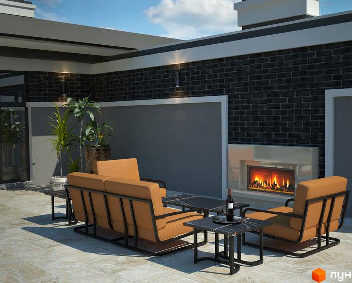 Сучасний зовнішній вигляд дуплексів Posh House з каміном та зоною відпочинку на терасі. Відкритий простір для комфортного життя.