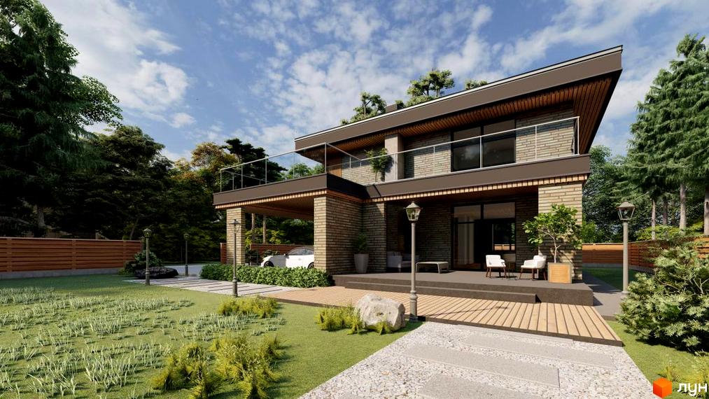 Котеджне містечко КМ SHERWOOD. Двоповерховий будинок з цегляним фасадом, терасою та навісом для авто. Навколо будинку доглянутий двір з газоном та деревами.