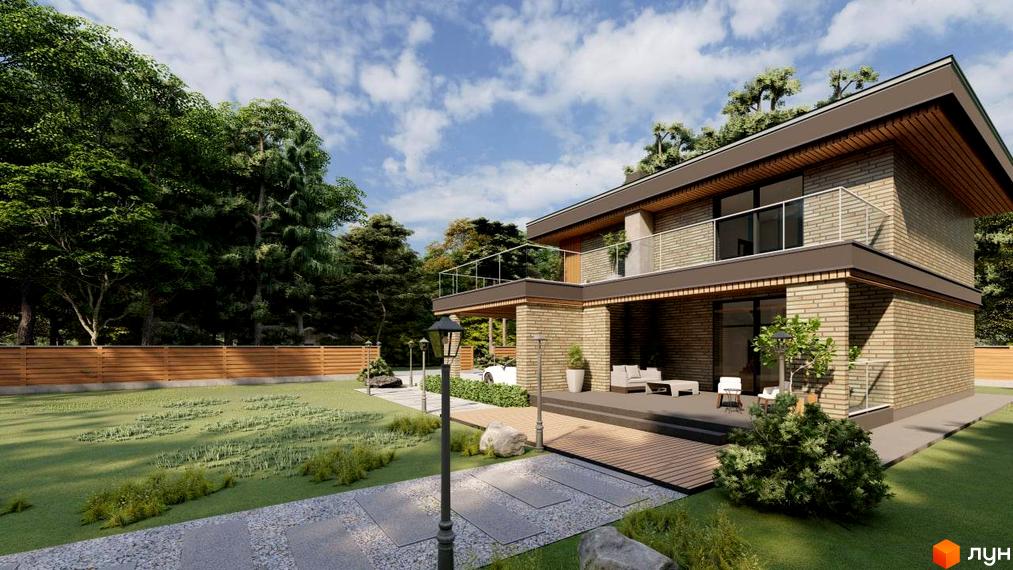 Котеджне містечко КМ SHERWOOD з цегляним фасадом та балконом, оточене зеленим газоном та деревами. На прибудинковій території розташовані доріжки, ліхтарі та дерев'яний настил.