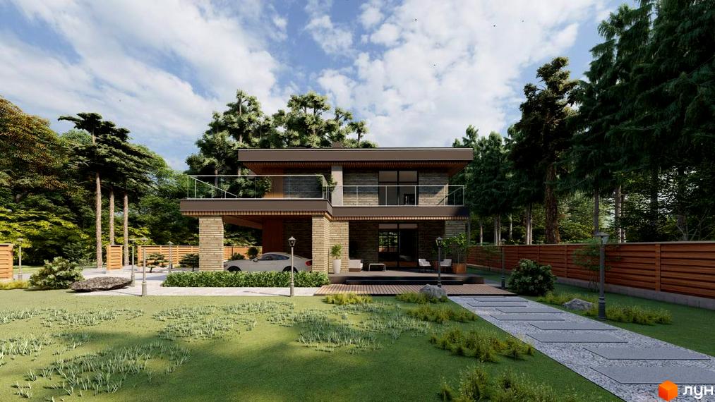 Котеджне містечко КМ SHERWOOD: двоповерховий будинок з цегляним фасадом, балконами та навісом для авто, оточений деревами та доглянутою прибудинковою територією з доріжками.