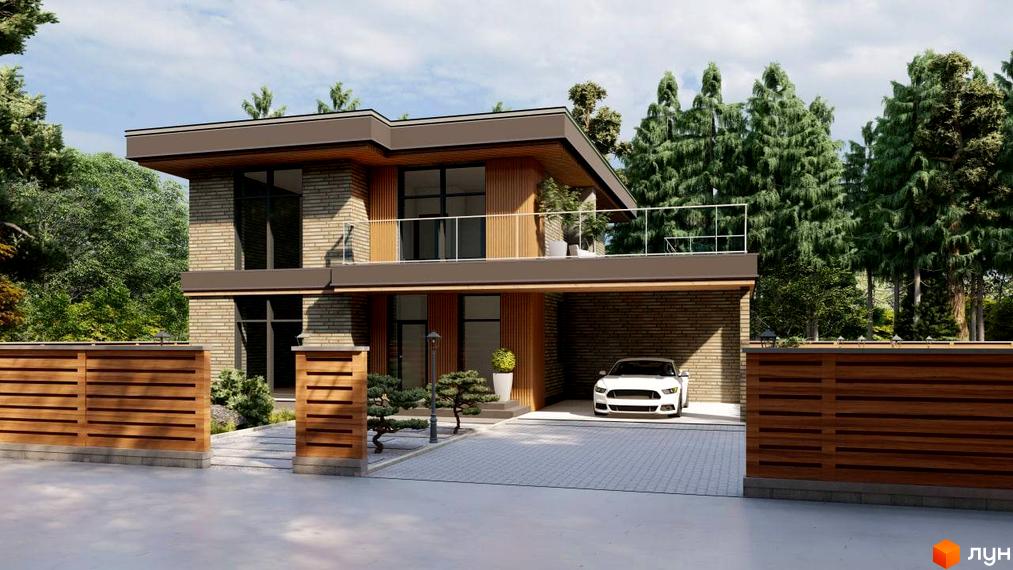 Котеджне містечко КМ SHERWOOD. Зовнішній вигляд двоповерхового будинку з цегляним фасадом, великими вікнами та балконом. Прибудинкова територія з парканом, доріжкою та автомобілем.