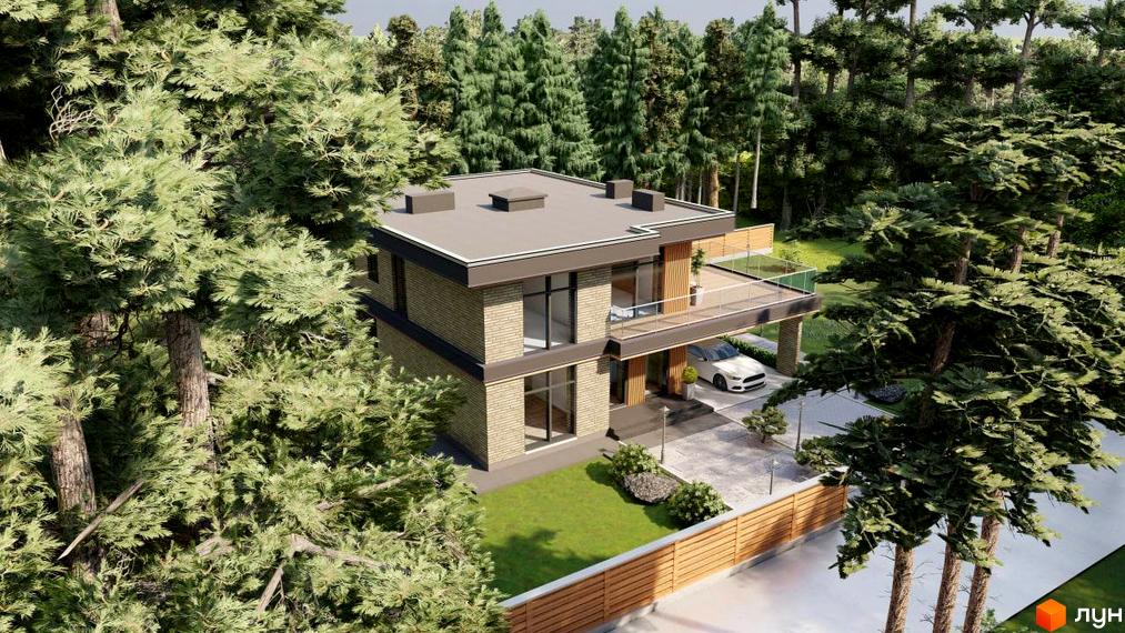 Котеджне містечко КМ SHERWOOD: двоповерховий будинок з цегляним фасадом, великими вікнами та терасою, оточений деревами. Прибудинкова територія з газоном, парканом та під'їздом для авто.