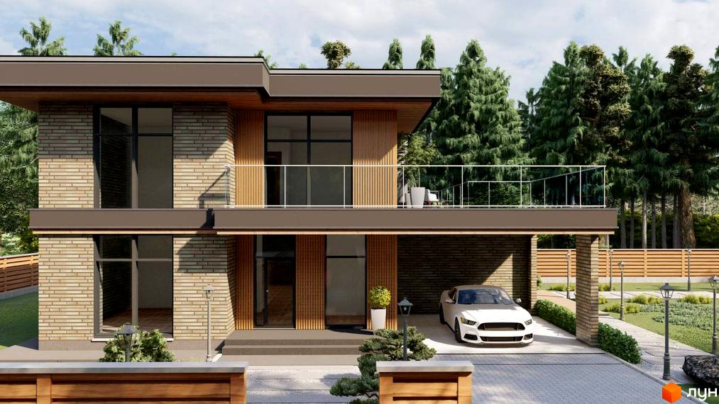 Котеджне містечко КМ SHERWOOD: двоповерховий будинок з цегляним фасадом, великими вікнами та балконом, на прибудинковій території розташований білий автомобіль та доглянутий ландшафт.