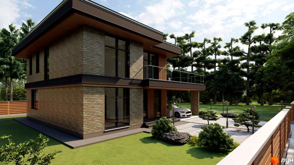 Котеджне містечко КМ SHERWOOD: двоповерховий будинок з цегляним фасадом та балконом, прибудинкова територія з деревами та автомобілем.