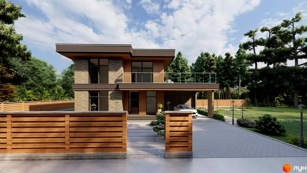 Котеджне містечко КМ SHERWOOD. Двоповерховий будинок з цегляним фасадом, великими вікнами та балконом, розташований на доглянутій прибудинковій території з парканом та під'їзною дорогою.