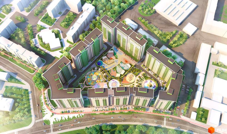 Вид зверху на ЖК LIKO-GRAD Perfect Town. Багатоповерхові будинки з зеленими фасадами розташовані навколо дитячого майданчика та зелених зон.