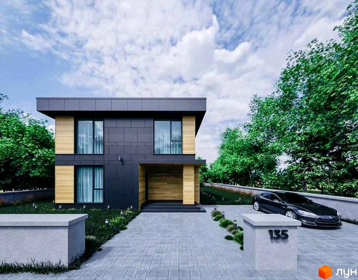 Котеджне містечко КМ QUIET PLACE. Сучасний двоповерховий будинок з дерев'яними елементами та великими вікнами, розташований на вимощеній плиткою ділянці з доглянутим газоном та припаркованим автомобілем.