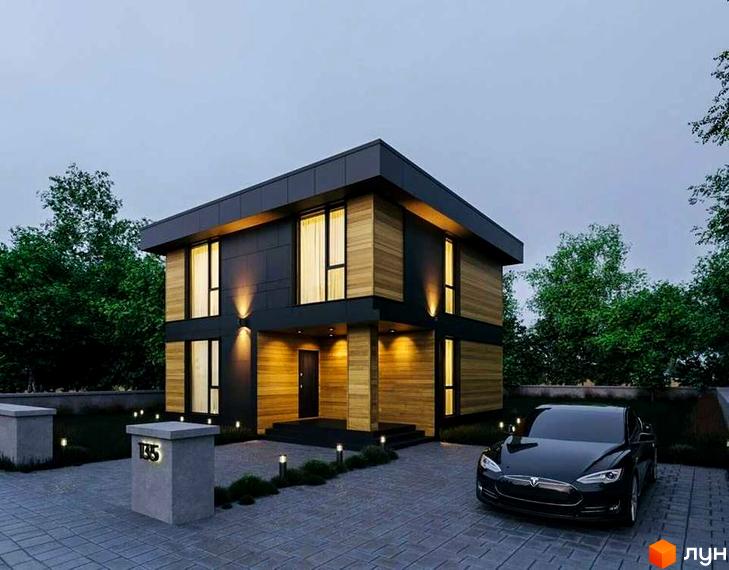 Котеджне містечко КМ QUIET PLACE. Двоповерховий будинок з дерев'яним та темним оздобленням фасаду, великими вікнами та прибудинковою територією з доріжками та освітленням.