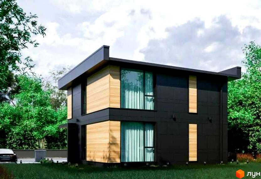 Котеджне містечко КМ QUIET PLACE. Двоповерховий будинок з чорним фасадом та дерев'яними вставками, великими вікнами, розташований серед зелені.