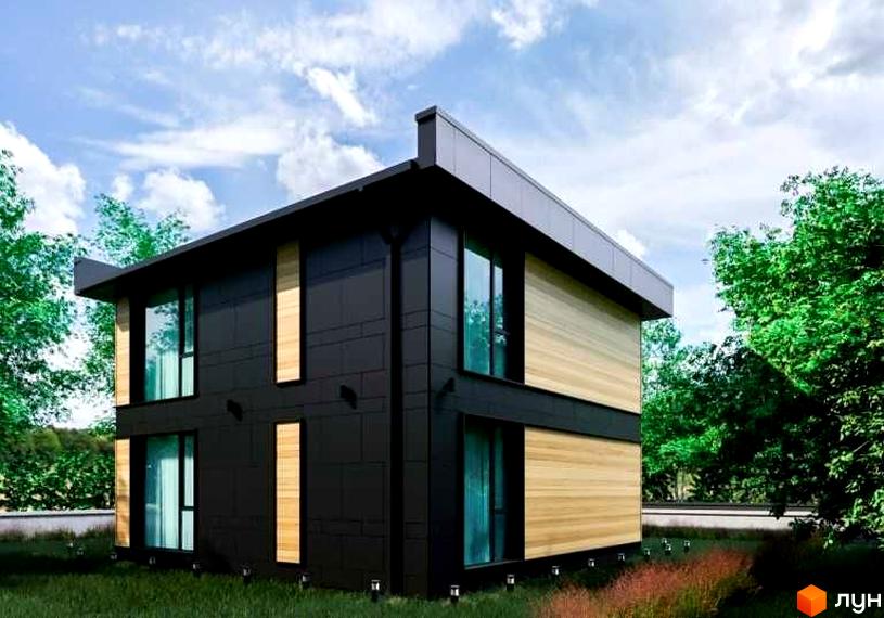 Котеджне містечко КМ QUIET PLACE: двоповерховий будинок з чорним фасадом та дерев'яними вставками, вікнами та зеленою прибудинковою територією.