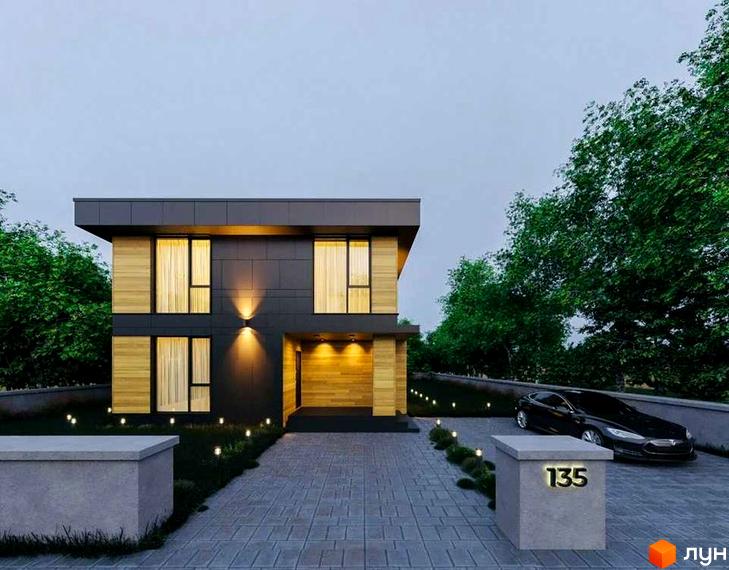 Котеджне містечко КМ QUIET PLACE: двоповерховий будинок з дерев'яними та сірими фасадами, великими вікнами, освітленням та автомобілем на бруківці.