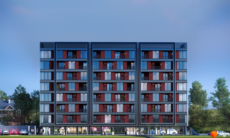 Зовнішній вигляд новобудови ЖК Галицький з цегляними фасадами та великими вікнами. Навколо будинку зелена територія з деревами та припаркованими автомобілями.