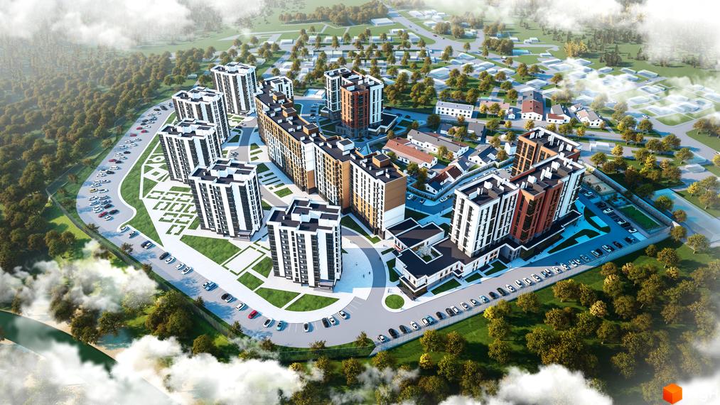 Житловий комплекс Супернова - сучасна архітектура з білими та коричневими фасадами, упорядкована прибудинкова територія з парковкою та зеленими зонами.