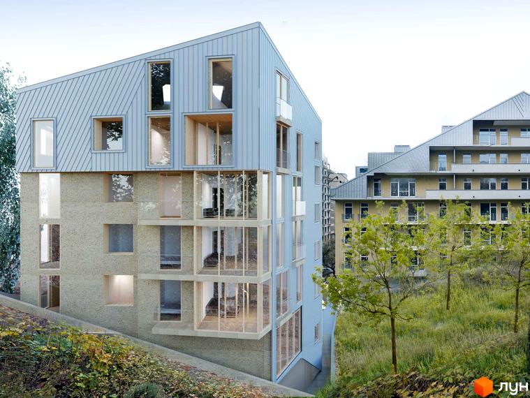 Зовнішній вигляд житлового комплексу на вулиці Ярославенка, 23а, з незвичайною архітектурою та скляними фасадами, розташованого серед зеленої прибудинкової території.