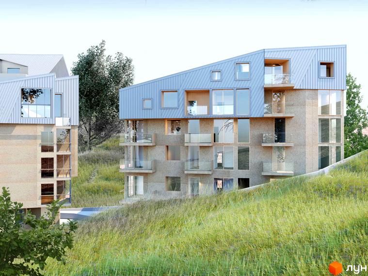 Зовнішній вигляд житлового комплексу на вул. Ярославенка, 23а, з багатоповерховими будинками та зеленим схилом. Сучасна архітектура та панорамні вікна створюють комфортне проживання.