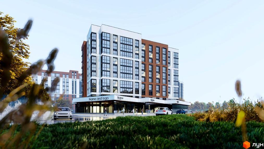 Житловий комплекс Супернова з біло-коричневим фасадом та численними вікнами. Перед будівлею розташовані автомобілі та зелені насадження.