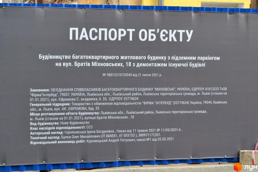 Інформаційний стенд про будівництво багатоквартирного житлового будинку з підземним паркінгом на вулиці Братів Міхновських, 18.