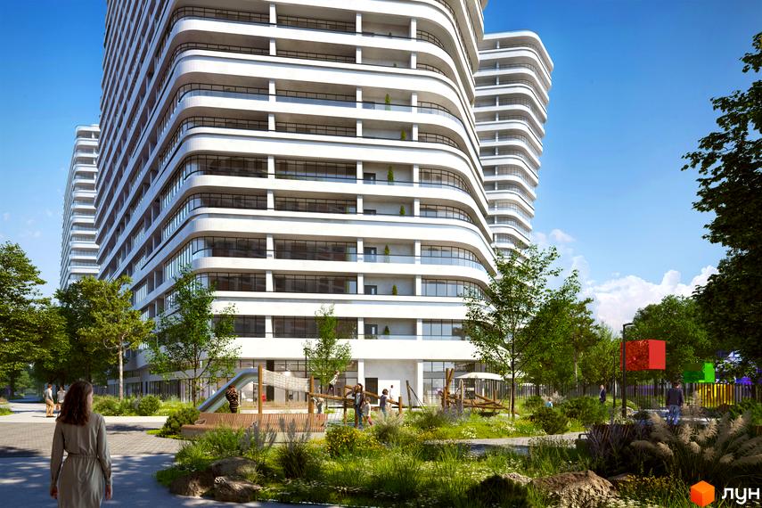 Житловий комплекс Kandinsky Odesa Residence з білими фасадами та панорамними вікнами. На прибудинковій території облаштований дитячий майданчик та зелені насадження.