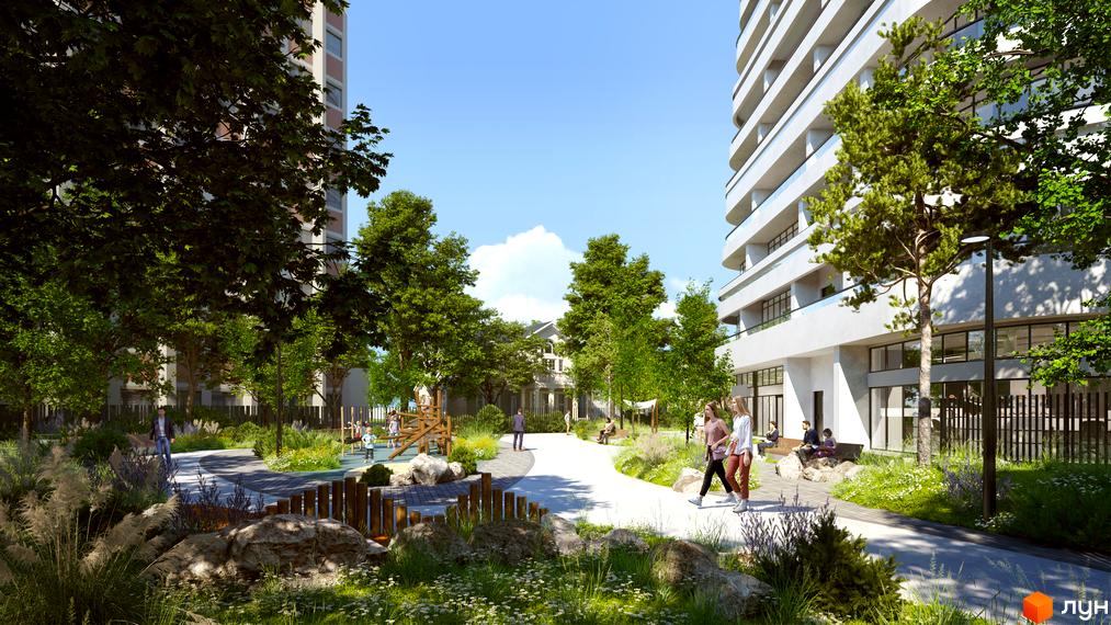 Житловий комплекс Kandinsky Odesa Residence з просторою прибудинковою територією. На території комплексу є дитячий майданчик, зони відпочинку та зелені насадження.