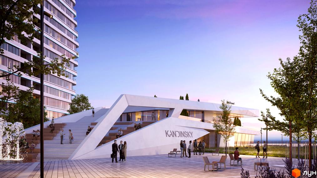 Житловий комплекс Kandinsky Odesa Residence з білосніжним фасадом та терасами. На території комплексу розташовані сходи, зони відпочинку та зелені насадження.