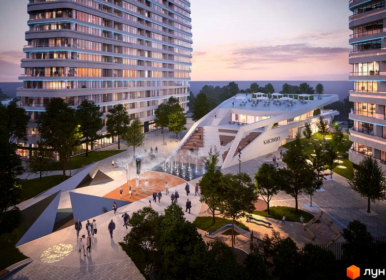 Житловий комплекс Kandinsky Odesa Residence з сучасною архітектурою та великою прибудинковою територією з фонтанами, деревами та місцями для відпочинку.