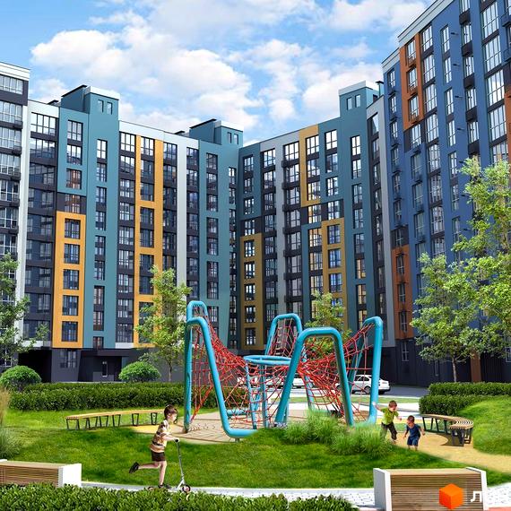Житловий комплекс Олександрівський: багатоповерхові будинки з різнокольоровими фасадами та зелена прибудинкова територія з дитячим майданчиком.
