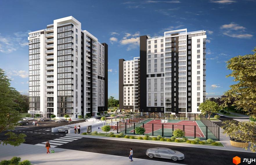Житловий комплекс ATLANT CITY з багатоповерховими будинками та спортивним майданчиком. Сучасний житловий комплекс з елегантною архітектурою та доглянутою прибудинковою територією.