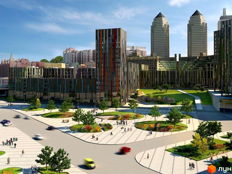 Житловий комплекс Фестивальний з сучасними будівлями та прибудинковою територією з зеленими насадженнями і пішохідними зонами.