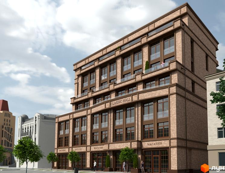 Фасад клубного будинку Classic Hall з цегляним оздобленням та великими вікнами. Поруч зелені дерева та тротуар з пішоходами.