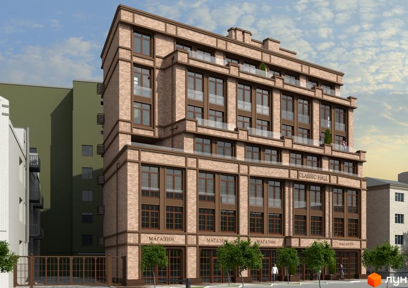Клубний будинок Classic Hall з цегляним фасадом та великими вікнами. На першому поверсі розташовані магазини, перед будинком висаджені дерева.