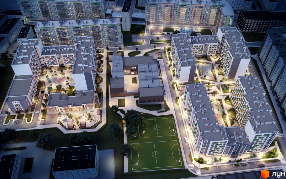 Зовнішній вигляд житлового комплексу Софіївка з сучасними будинками та доглянутою прибудинковою територією. На зображенні видно дитячі майданчики та спортивні поля.