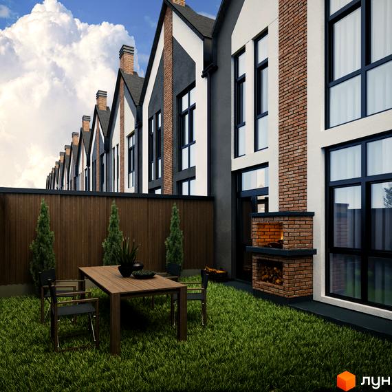 Таунхауси „Карамель“ з цегляним фасадом та великими вікнами, з внутрішнім двориком, барбекю та зеленим газоном.