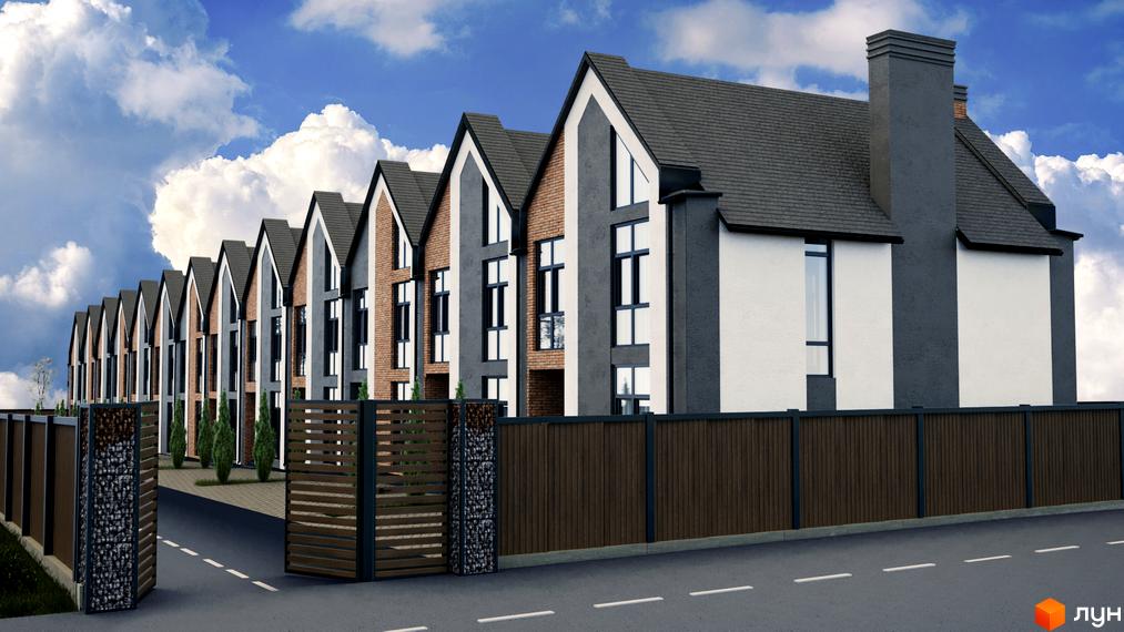 Таунхауси „Карамель“: ряд сучасних двоповерхових будинків з цегляним та сірим фасадом, великими вікнами та темним дахом. Перед будинками – огороджена територія з дерев'яною огорожею та воротами.